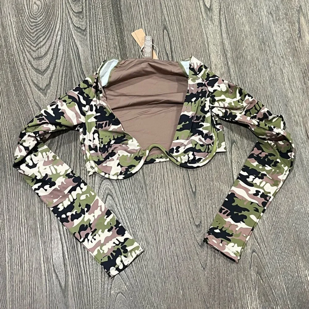NWT Skims Recycled Swim Long Sleeve Underwire Top Deep Plunge Neck Camo XXS